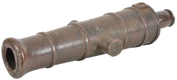 Antique bronze swivel gun or cannon. Etched mark of an emblem inside a triangle with initials R.J.