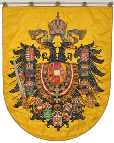 Austrian-Hungary Imperial coat of arms. Painted and embroidered coat of arms on yellow satin with
