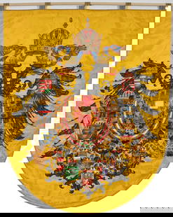 Austrian-Hungary Imperial coat of arms. Painted and embroidered coat of arms on yellow satin with: Austrian-Hungary Imperial coat of arms. Painted and embroidered coat of arms on yellow satin with gilt rope edge. 45 x 36.75 in