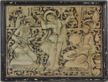 Persian glazed ceramic tile. Qajar period. Interior scene of a dancer with musicians. Framed.
