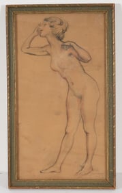 Albert Edward Sterner. 1905. Standing female nude. Mixed media drawing on paper. Toning, crease