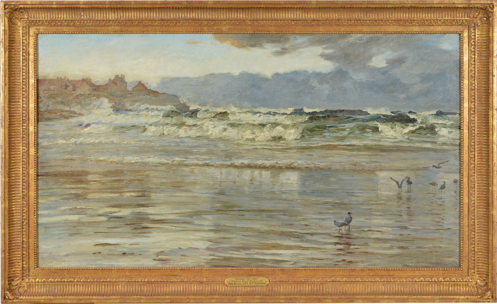 Colin Hunter. Scotland. 1841-1904. "Summer Twilight" Coastal scene with surf and houses. Signed and (1 of 8)