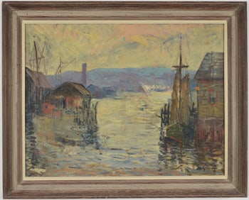 Arthur C. Goodwin. Massachusetts. Large impressionist harbor scene with boats and buildings. Oil on
