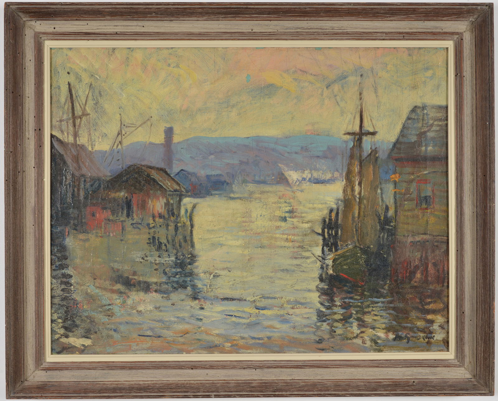 Arthur C. Goodwin. Massachusetts. Large impressionist harbor scene with boats and buildings. Oil on (1 of 10)