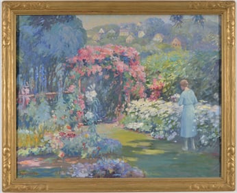 Frederick Lincoln Stoddard. Early 20th century impressionist landscape with a woman in a flower