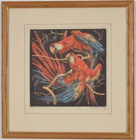 Norbertine von Bresslern-Roth. Color woodcut print of 2 macaw parrots perched on a branch. Signed
