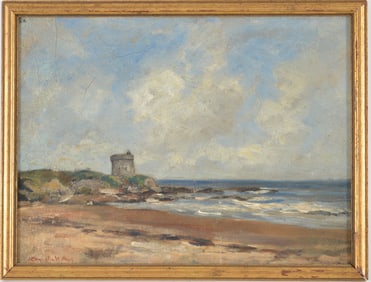 John Crampton-Walker. Coastal seascape with tower. Oil on panel. Signed lower left. Framed. 11 x 14