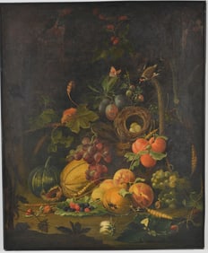 19th century old master style still life painting with fruit, insects, and a bird all featured in a