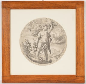 Hendrick Goltzius 16th/17th century old master engraving. "Autumnus" allegory with figure holding
