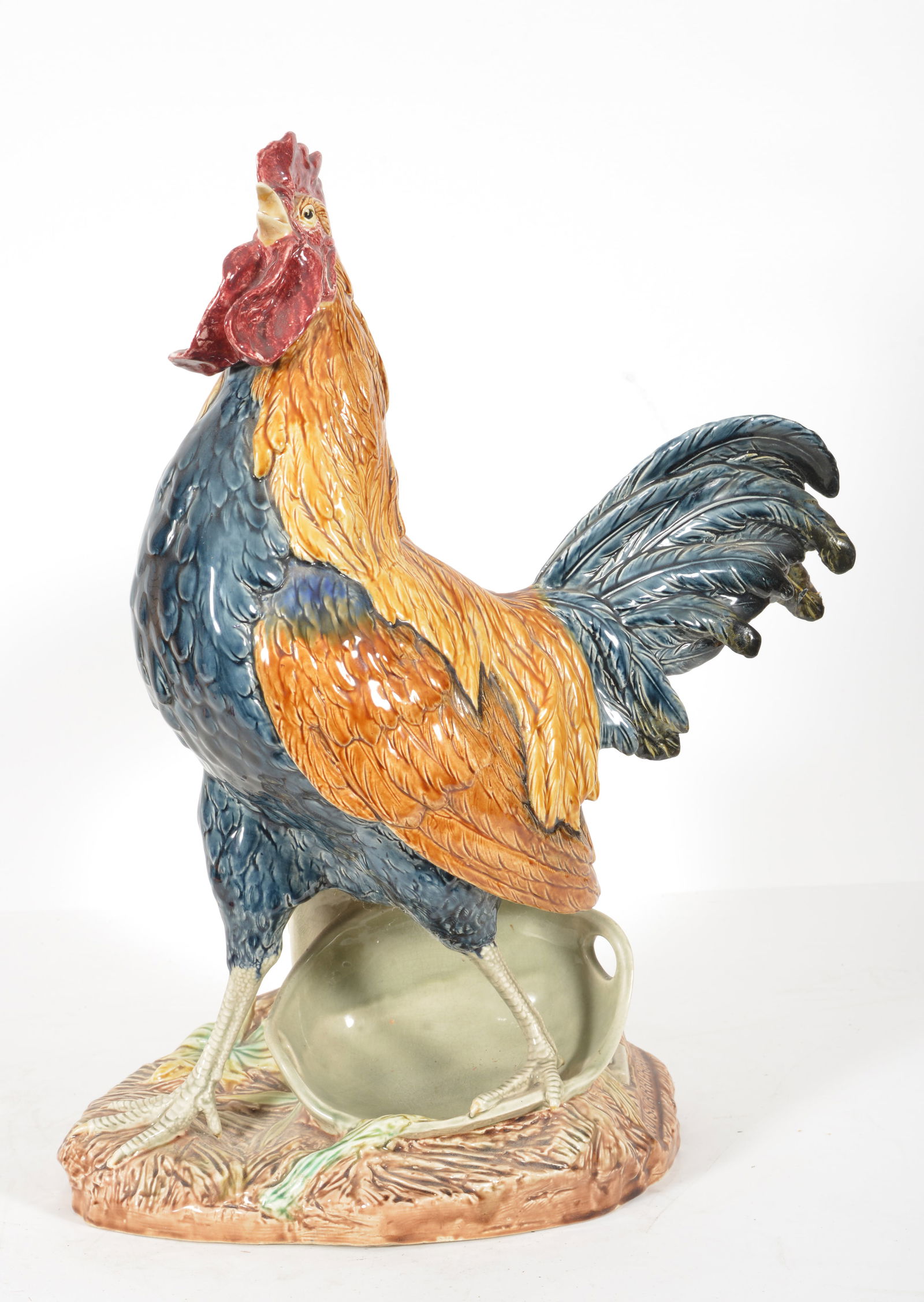 19th/20th century French majolica rooster figural vase after Louis Carrier Belleuse. Pottery mark on (1 of 7)