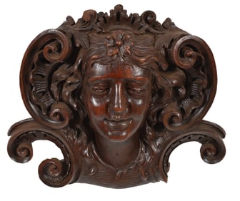 Edwardian carved walnut architectural element in the form of a woman's bust with scrolled