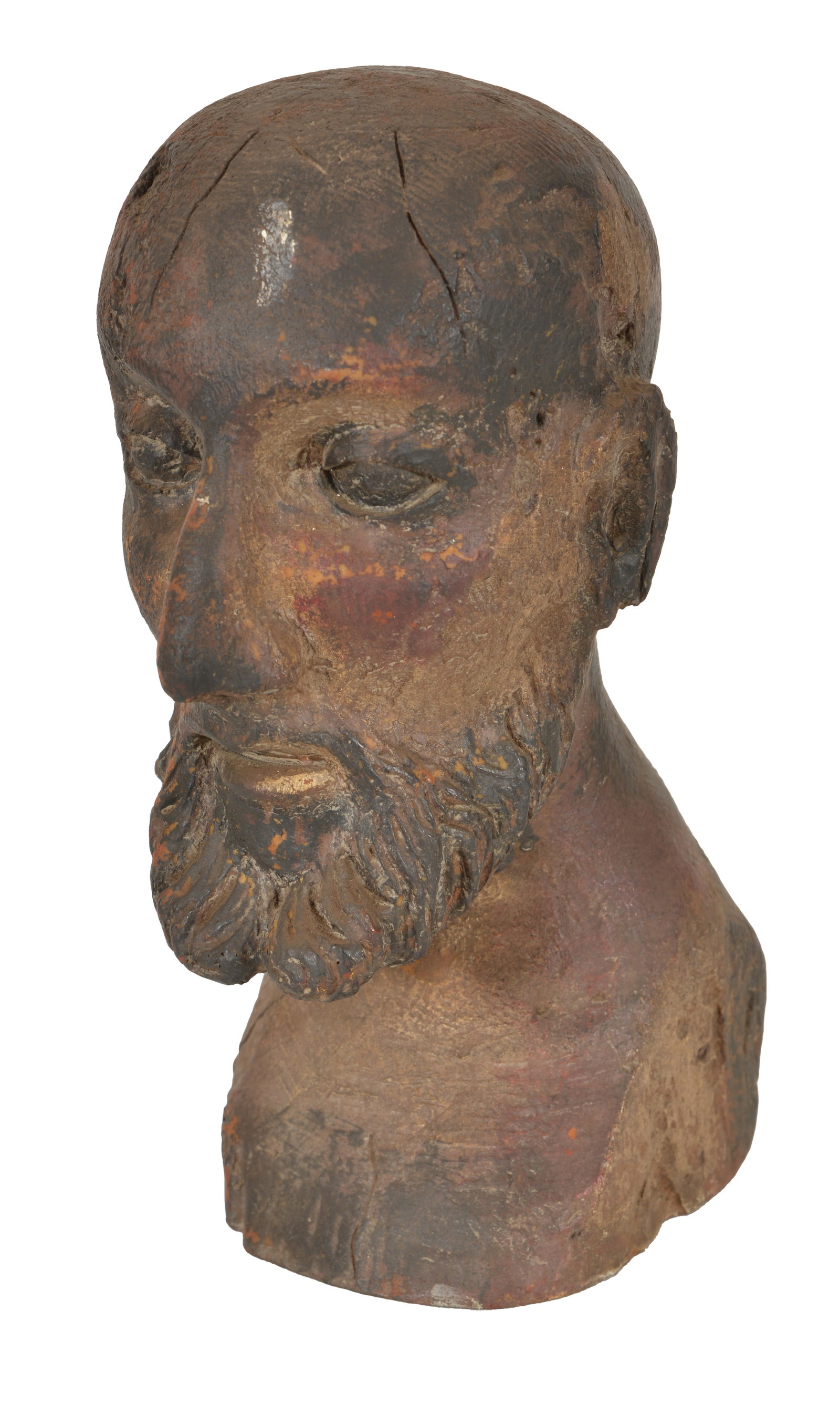 Carved and painted bust figure of a gentleman with a beard and bald head, possibly ecclesiastic,: Carved and painted bust figure of a gentleman with a beard and bald head, possibly ecclesiastic, 19th Century. Height 11 in, base 5 x 4 1/2 in.