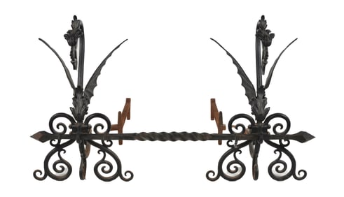 Pair of forged steel dragon form andirons with turned spit rail, early 20th Century.