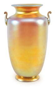 Steuben Aurene handled vase. Acid etched marks on base. 12in high.