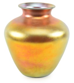 Large Steuben Aurene glass vase. Etched marks on foot rim. Small area of fleabites lower side of