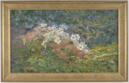 19th century American school landscape with wildflowers. Oil on canvas. Framed. Appears unsigned.