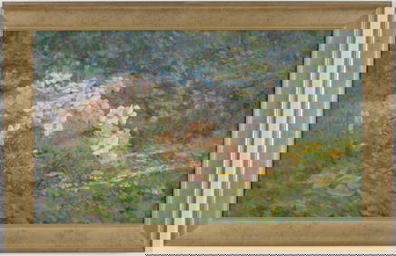 19th century American school landscape with wildflowers. Oil on canvas. Framed. Appears unsigned. (1 of 7)