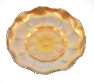 Louis Comfort Tiffany favrille scalloped edge dish. Marked L.C.T. Favrille on base. 6in diameter.