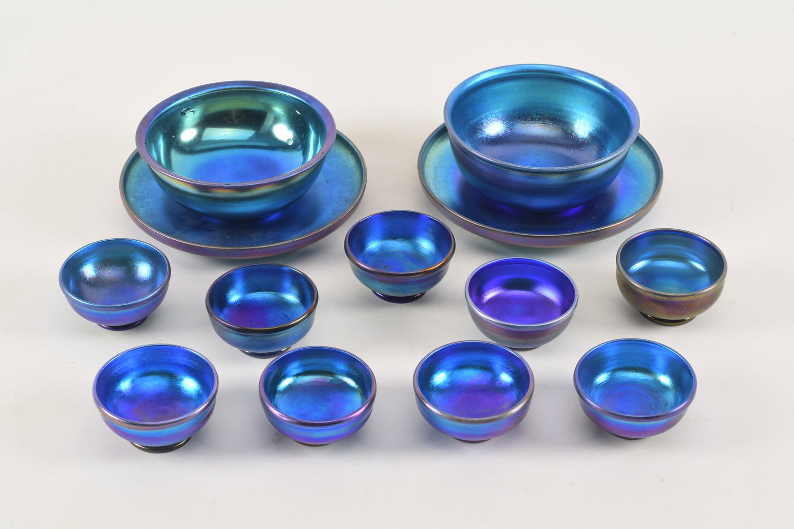 Louis Comfort Tiffany blue favrille assorted dishes. To include: 2 bowls (1 with imperfections), 2 (1 of 6)