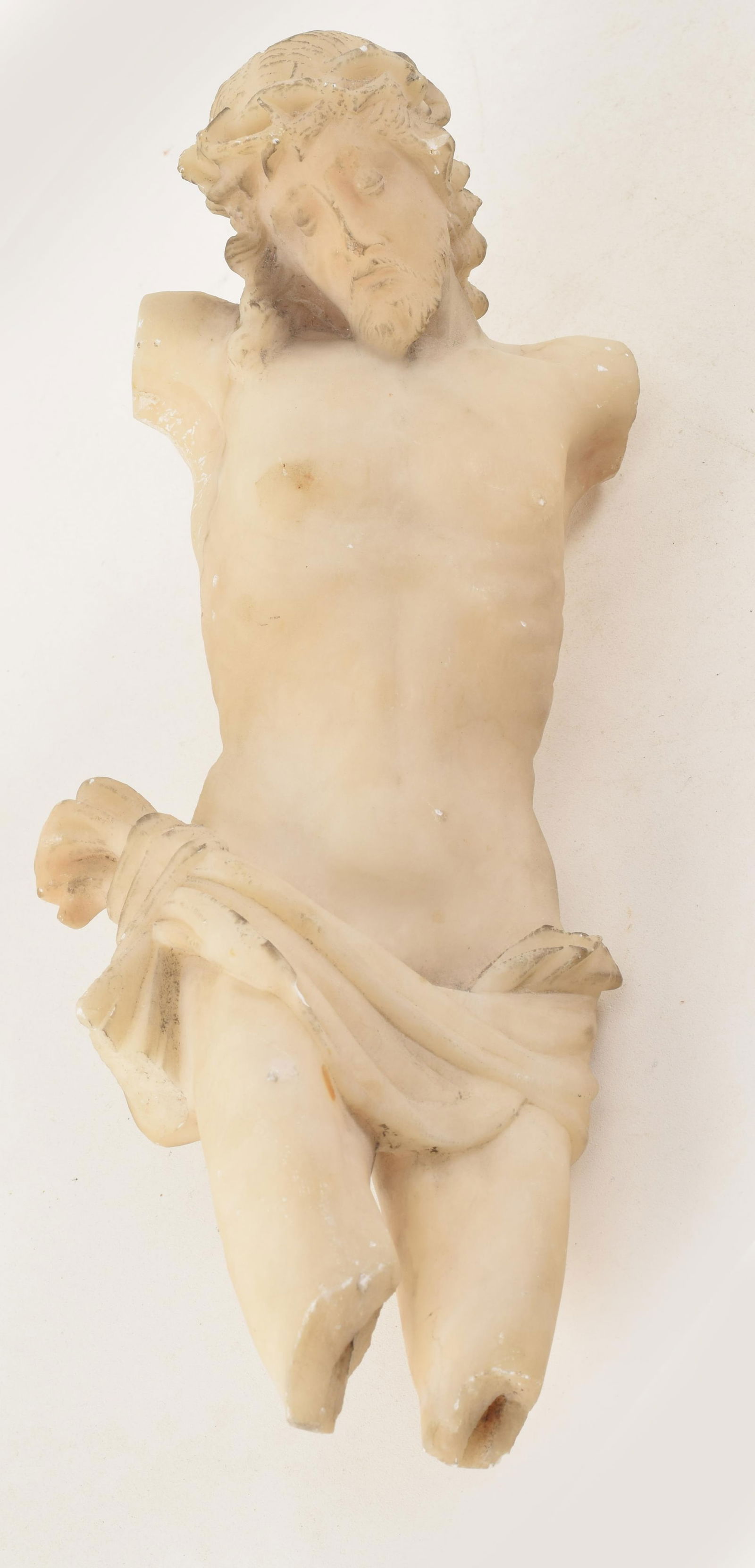19th century or earlier carved alabaster image of Christ. Fragment. Iron rod on reverse.: 19th century or earlier carved alabaster image of Christ. Fragment. Iron rod on reverse.