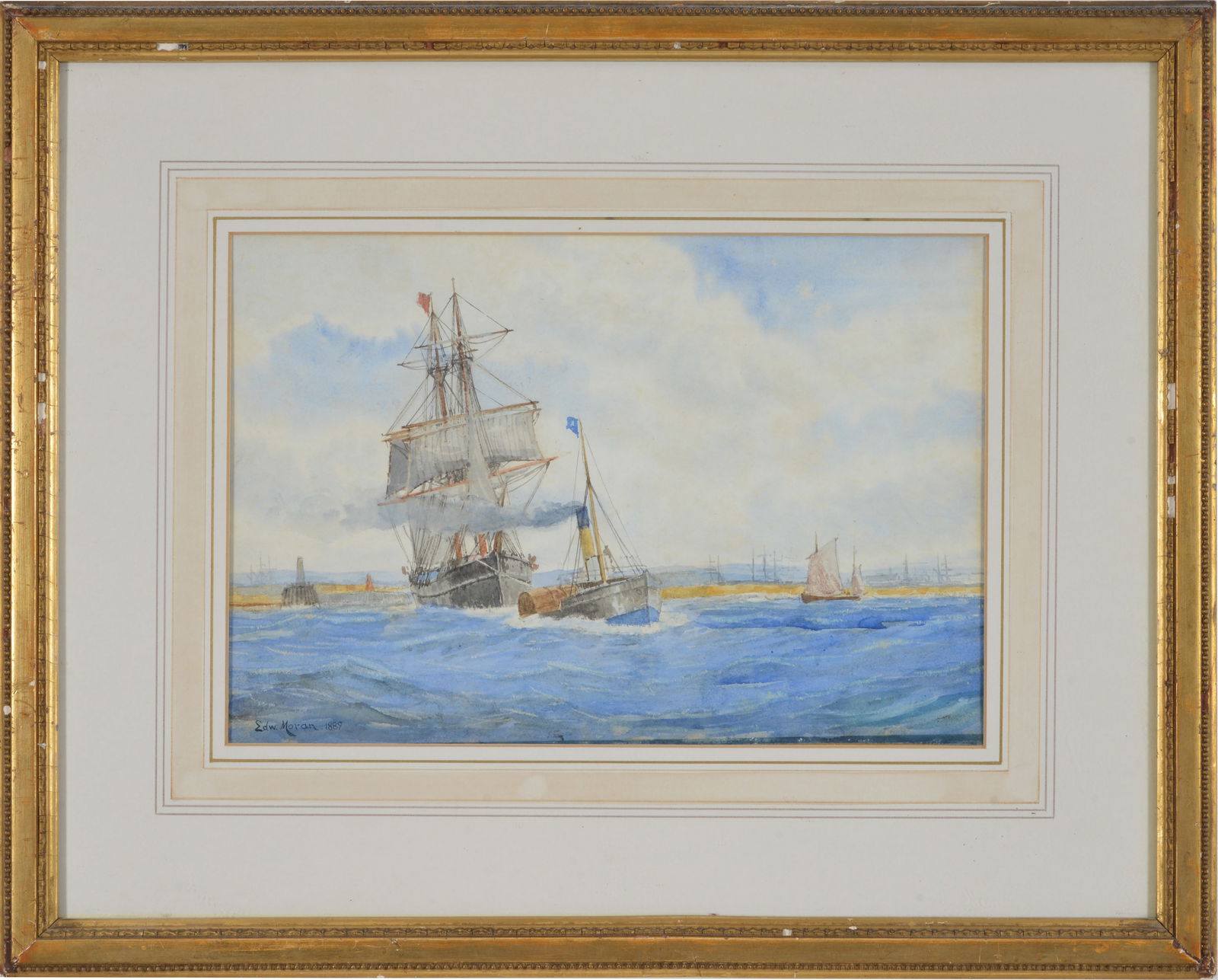 Edward Moran. American. 1889. Steam powered tug boat pulling a sailing vessel into harbor.: Edward Moran. American. 1889. Steam powered tug boat pulling a sailing vessel into harbor. Watercolor on paper. Signed and dated lower left. Framed and matted under glass. Painting slipped slightly wi