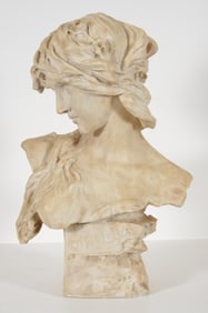 Carved marble bust of Ophelia. Signed and dated 1903 on reverse of base. Appears to be signed E.