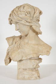 Carved marble bust of Ophelia. Signed and dated 1903 on reverse of base. Appears to be signed E. (1 of 5)
