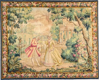 Late 19th Century tapestry with elaborate eighteenth century style courting scene in a classical