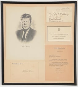 John F. Kennedy framed signed thank you note and relevant ephemera. Addressed to Mrs. Mulderig in