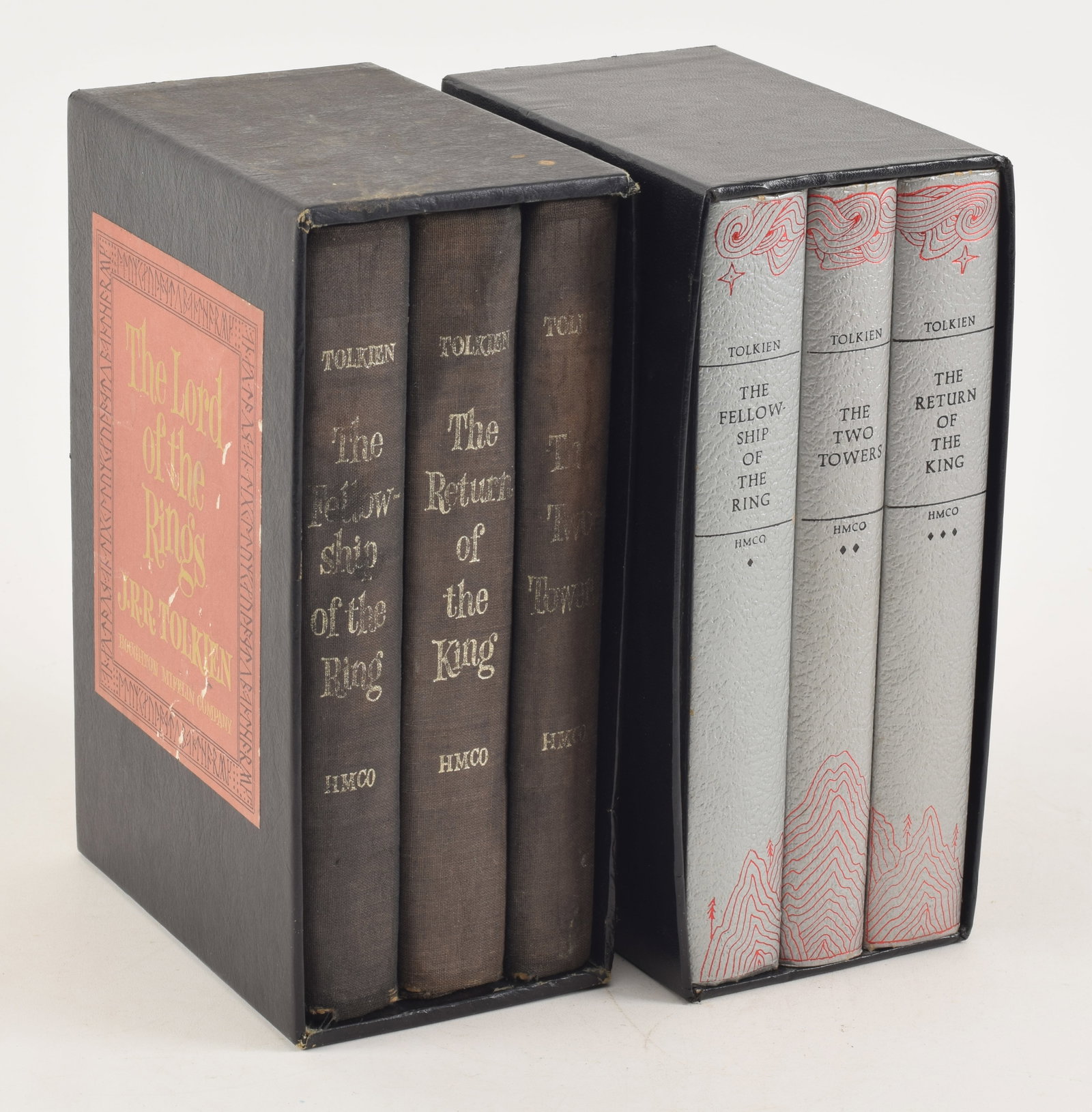 2 sets of "The Lord of The Rings". 1) Silver Anniversary Edition, 1981, Houghton Mifflin. Decorated: 2 sets of "The Lord of The Rings". 1) Silver Anniversary Edition, 1981, Houghton Mifflin. Decorated embossed hardcover bindings. Slipcase. 2) Second edition, 11th printing. Decorated cloth hardcover b