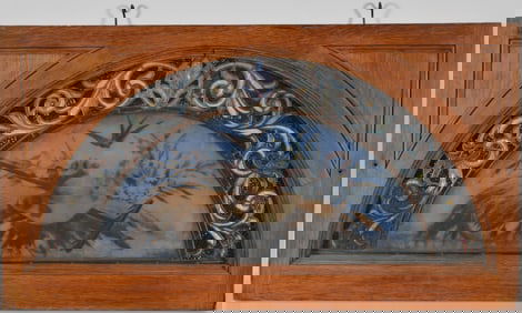 Victorian demilune stained glass window with painted harvest motif and molded oak frame.21.5 x 38.5