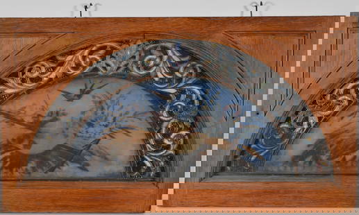 Victorian demilune stained glass window with painted harvest motif and molded oak frame.21.5 x 38.5: Victorian demilune stained glass window with painted harvest motif and molded oak frame.21.5 x 38.5 in.