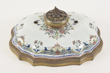 Inkwell converted from a faience tureen lid as a make do, late 19th Century. 14 x 11 in