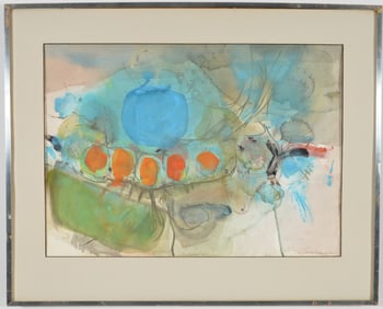 Henry Salkauskas. "Evening". 1965. Mixed media abstract still life. Signed and dated lower right.