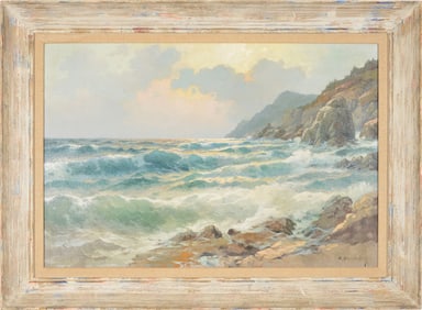 Alexander Dzigurski. California. West coast coastal seascape painting with breaking waves. Oil on