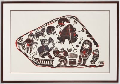 Inuit color lithograph depicting figures and dogs within a campsite. Attributed to Abraham Irquq.
