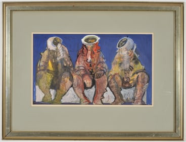 Jesus Carlos de Vilallonga. "Spacemen". Surreal mixed media of three seated astronauts. Framed under