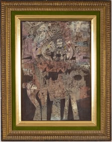 Mid 20th century abstract mixed media painting on board. Possibly signed upper left. Framed.