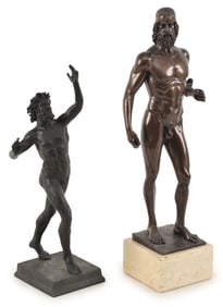 Lot of 2 figures. 1) 19th/20th century grand tour bronze figure of the dancing satyr found at
