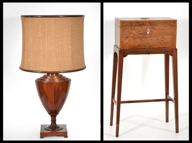 Decorative lot with knife box as lamp and a tea caddy on stand