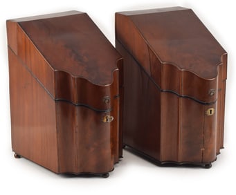 Pair of Hepplewhite mahogany and inlaid knife boxes with fitted interiors, circa 1810. Wear and some