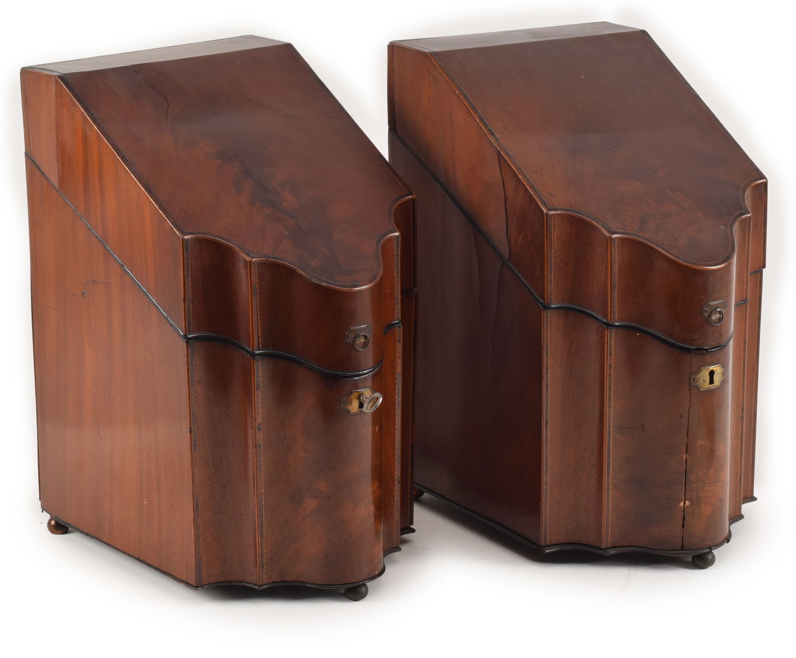 Pair of Hepplewhite mahogany and inlaid knife boxes with fitted interiors, circa 1810. Wear and some (1 of 5)