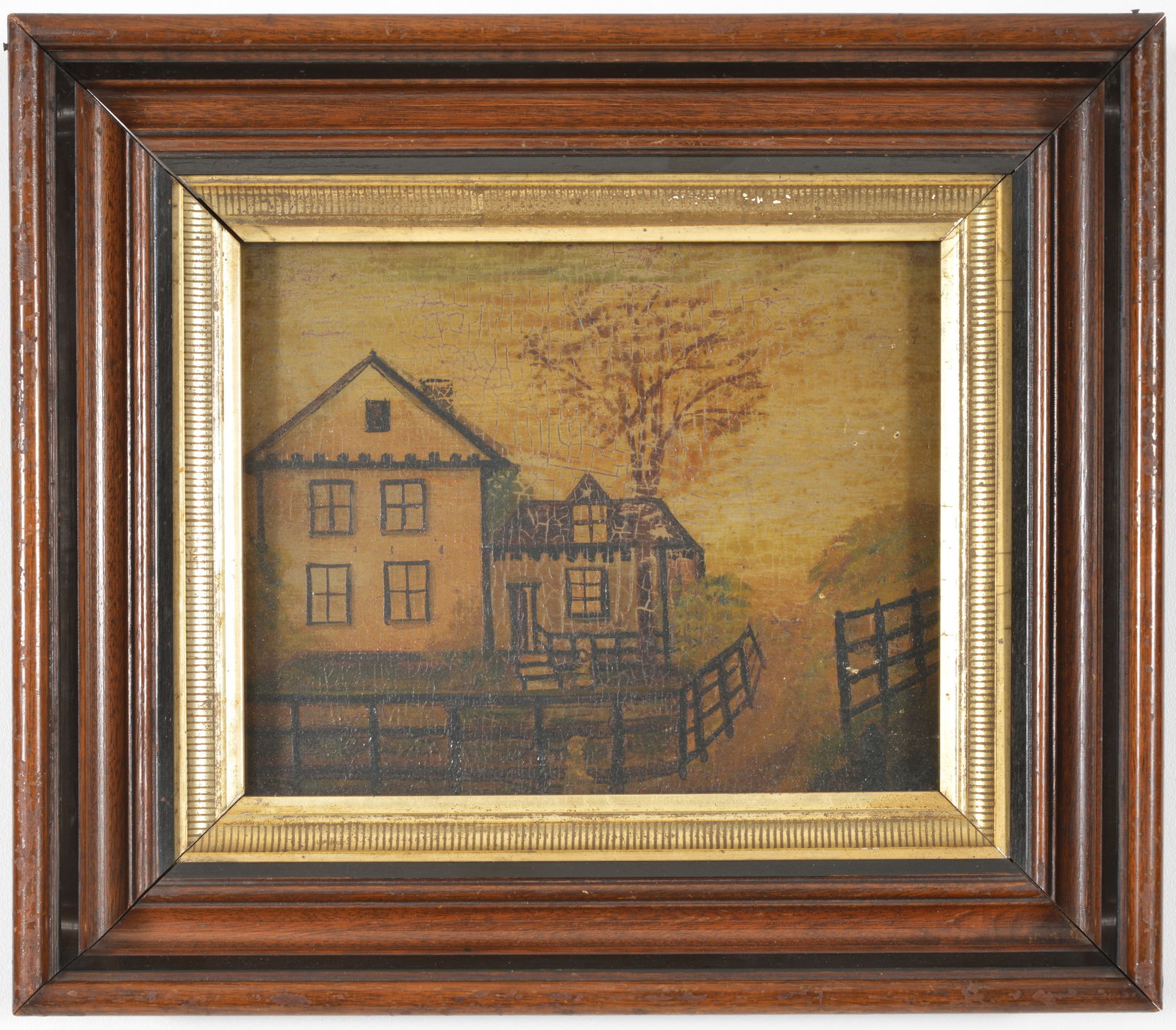Attributed to Charlie Hoffman, Castleton New York, 1887. Naive view of a Federal home in molded: Attributed to Charlie Hoffman, Castleton New York, 1887. Naive view of a Federal home in molded walnut frame. Provenance: Dr. William Kaelin. Proceeds to benefit the Breast Cancer Research Foundation