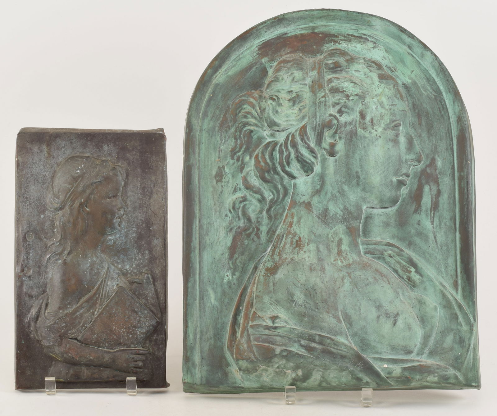 Pair of antique bronze plaques, each depicting the bust of a woman. The larger with arched top, the (1 of 6)