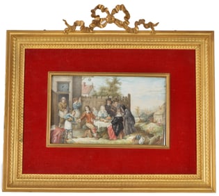 Fine quality 19th century watercolor of a village feast with musicians. Signed illegibly lower