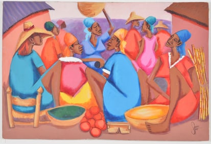 Petion Savin. Haiti. Colorful scene of figures at market with bowls and fruit. Oil on canvas. Signed