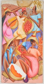 Petion Savin. Haiti. Colorful scene of figures with fruit baskets. Oil on canvas. Signed lower left.