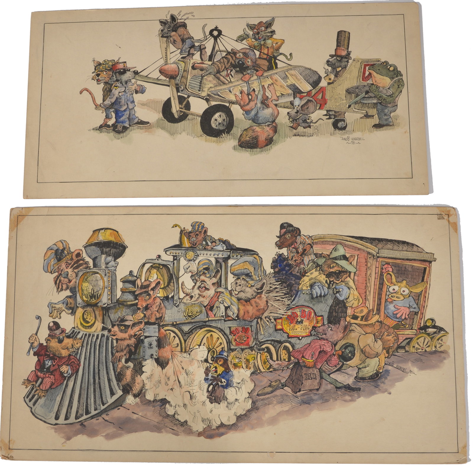 David T. Wenzel, Contemporary illustrator. 2 Illustration boards from child's book, Animals in a: David T. Wenzel, Contemporary illustrator. 2 Illustration boards from child's book, Animals in a train and airplane. 13 x 21.5 in and 10 x 20 in.