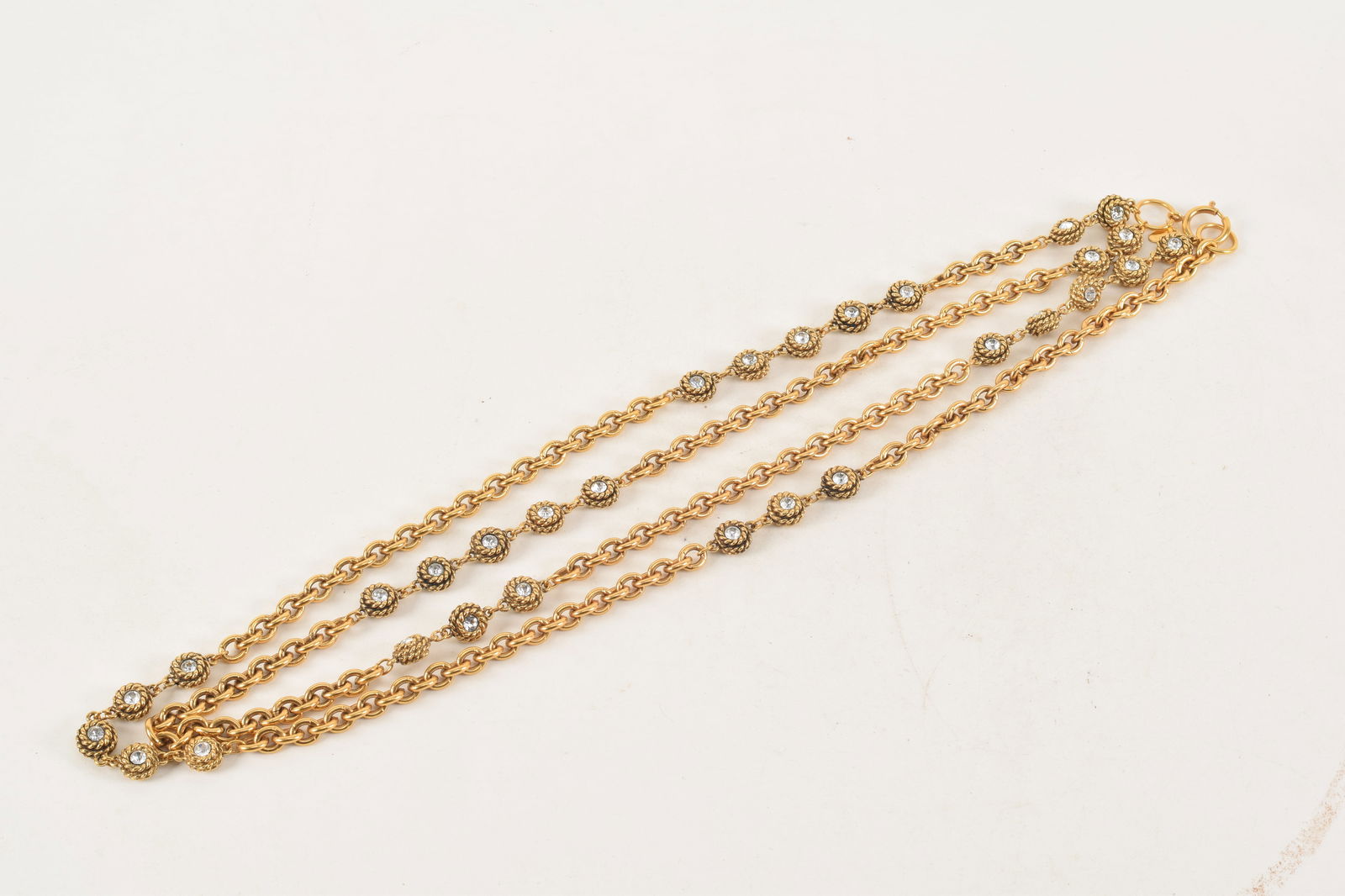 Chanel heavy gold link costume necklace with colorless stones. Marked on tag near clasp. (1 of 4)