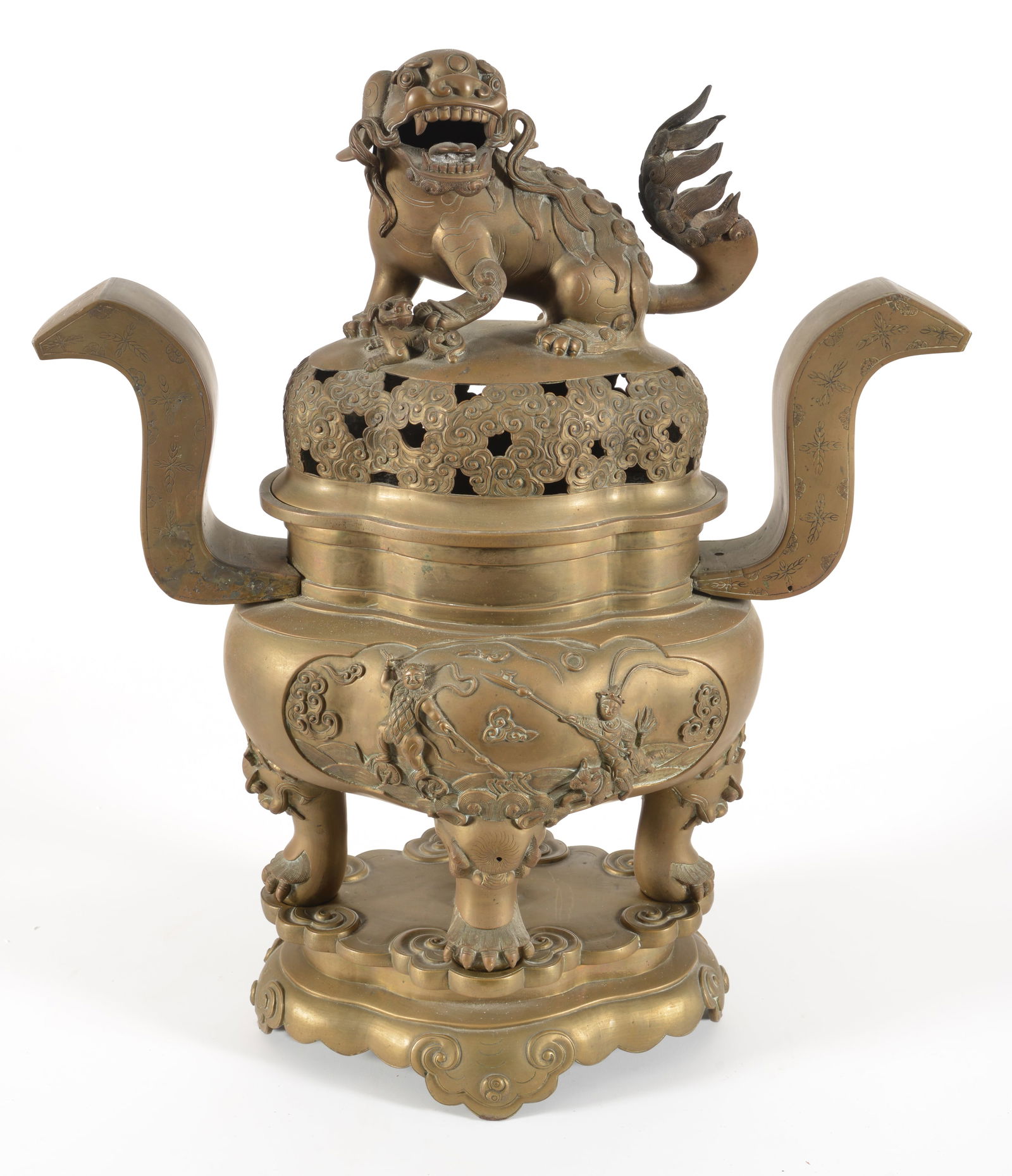 Bronze incense burner and stand. China. 19th century. Foo dog tripod base and finial. Body decorated